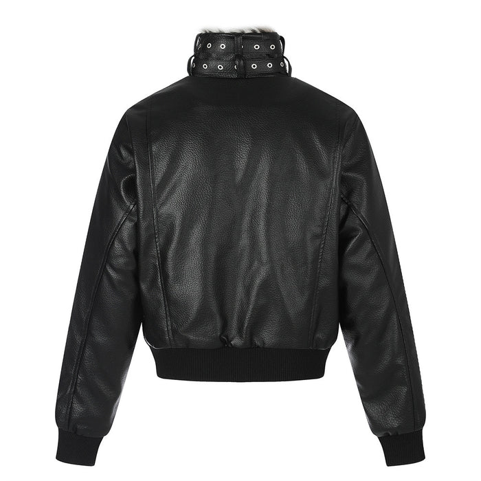 Back view of a black PU leather bomber jacket with ribbed cuffs and waistband
