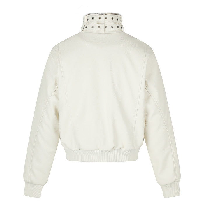 Back view of a white PU leather bomber jacket with a ribbed waistband and cuffs