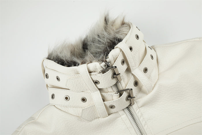 Close-up of the white jacket collar showing faux fur trim, buckle straps, eyelets, and zipper