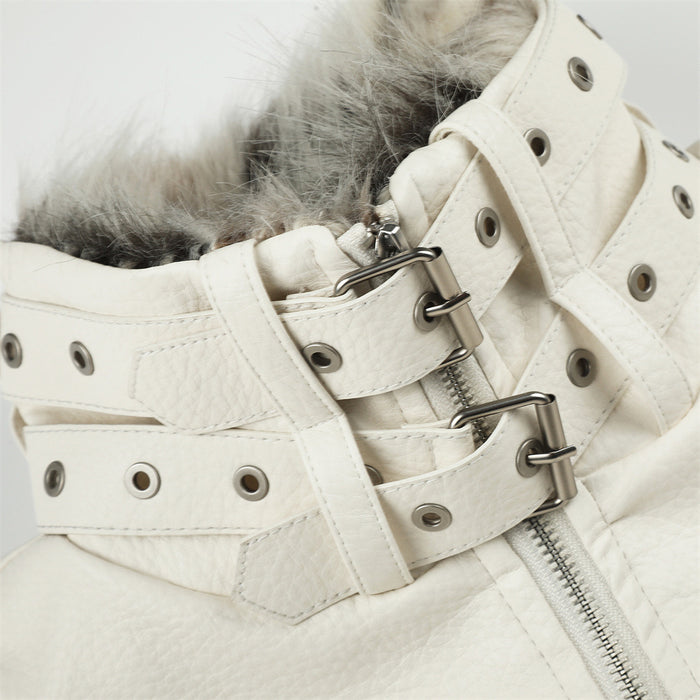 Detailed view of white collar buckle straps with metal eyelets, hardware, faux fur, and zipper