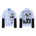 Front and back view of a blue pinstripe layered shirt with punk zine graphics and black long sleeves