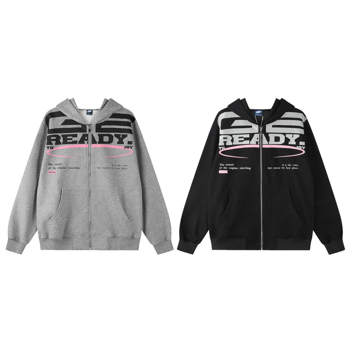 Gray and black graphic zip-up hoodies shown from the front with bold READY lettering and pink accents
