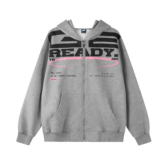 Oversized Ready To Joy graphic zip-up hoodie in heather gray and black with bold chest print and pink oval detail