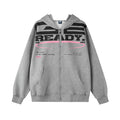 Oversized Ready To Joy graphic zip-up hoodie in heather gray and black with bold chest print and pink oval detail