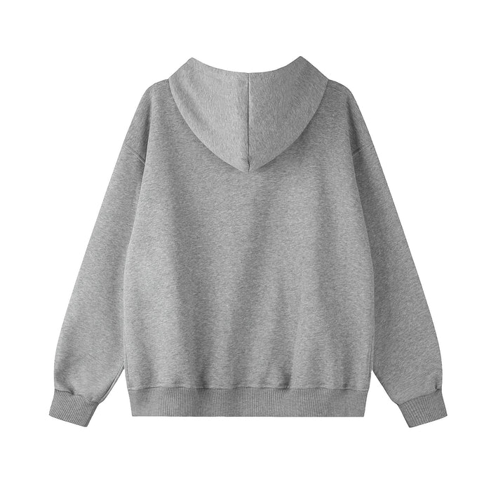 Gray zip-up hoodie shown from the back with a plain design, hood, ribbed cuffs, and ribbed hem