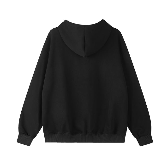 Black zip-up hoodie shown from the back with a plain design, hood, ribbed cuffs, and ribbed hem