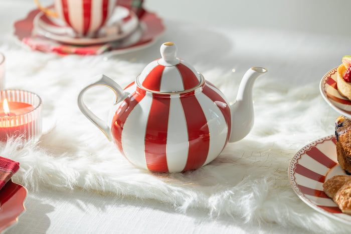Red Carousel Stripes Fine Porcelain 5-Piece Tea Set
