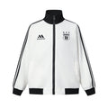 Front view of a white zip-up track jacket with black collar, cuffs, hem, stripes, and chest badges