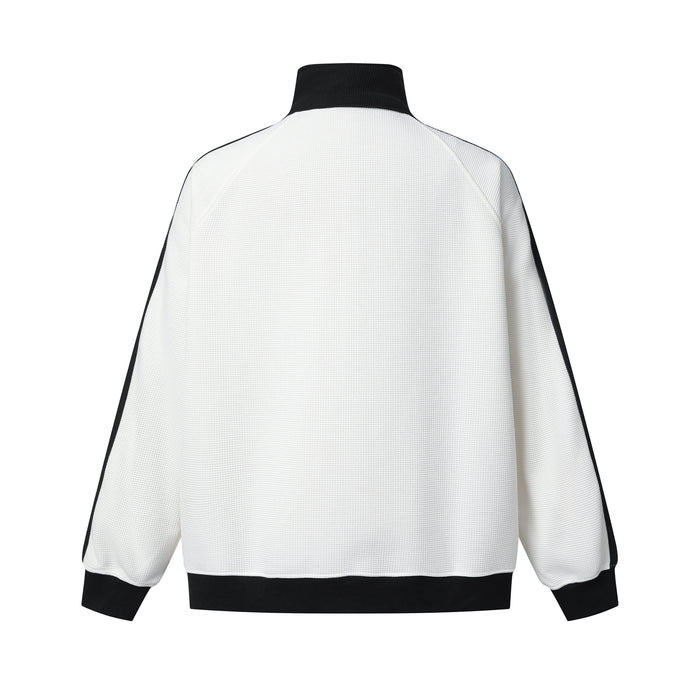 Back view of the white track jacket showing a plain textured body, black collar, hem, and cuffs