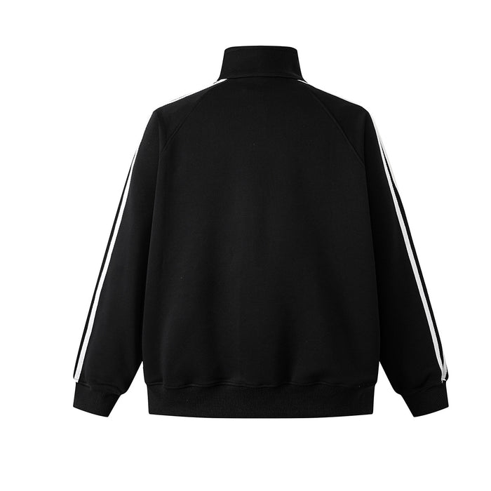 Back view of black track jacket with white sleeve stripes, stand collar, cuffs, and ribbed hem