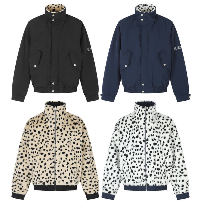 Reversible Stand-Collar Jacket Men's Dalmatian Faux Fur & Nylon Oversized Bomber