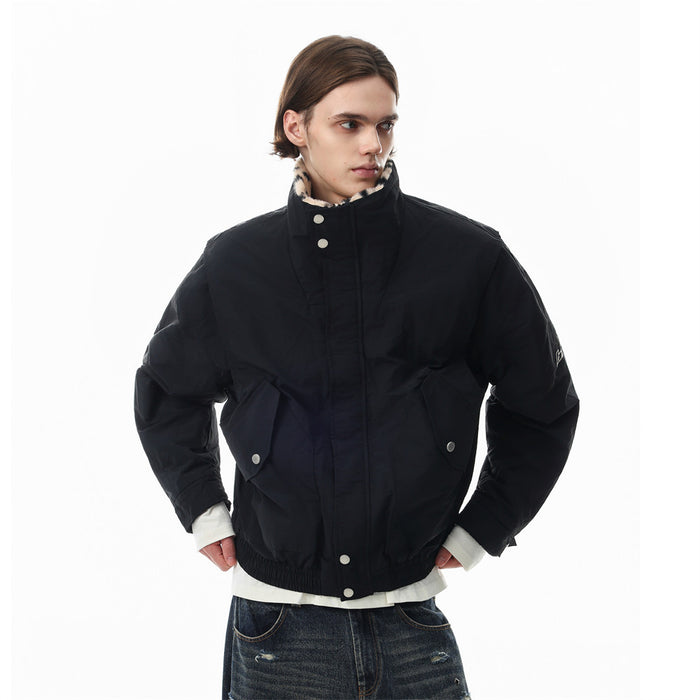 Reversible Stand-Collar Jacket Men's Dalmatian Faux Fur & Nylon Oversized Bomber