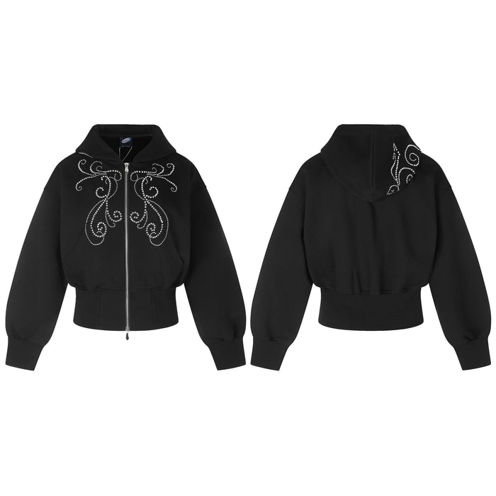 Black cropped zip-up hoodie shown front and back with rhinestone scroll motifs on the chest and upper back