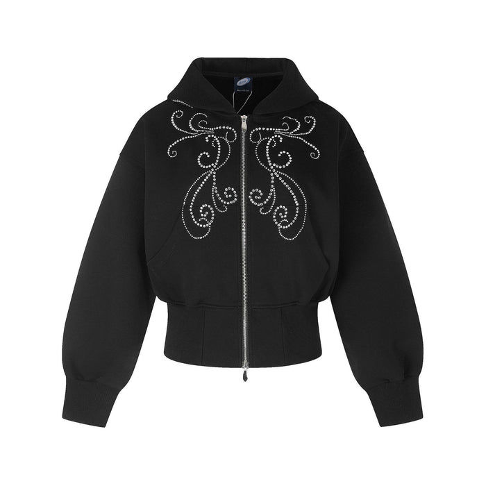 Black cropped zip-up hoodie with rhinestone scroll embellishment on chest and back hood panel