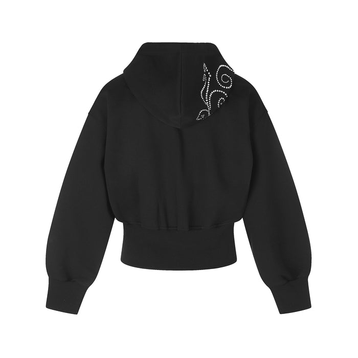 Back view of a black cropped hoodie with a rhinestone scroll accent on the upper right shoulder