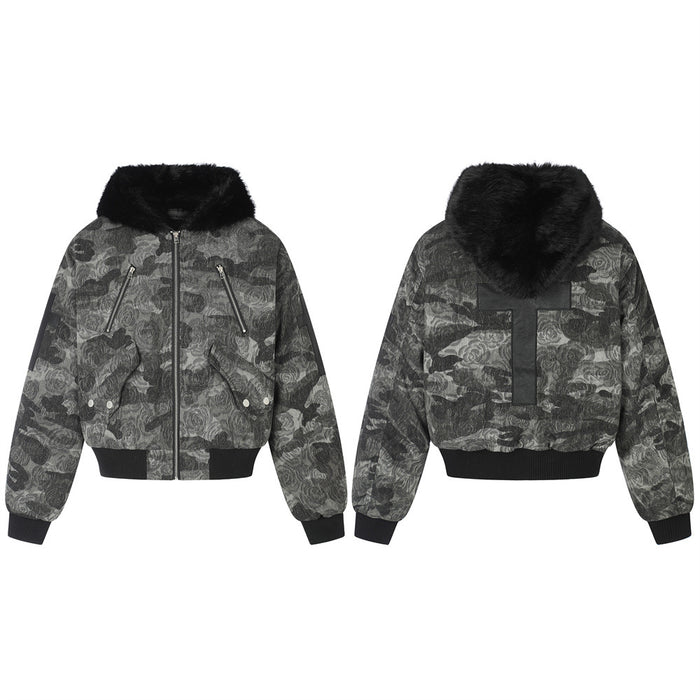 Oversized rose camouflage bomber jacket with black faux fur hood collar and leather cross back patch, front and back view