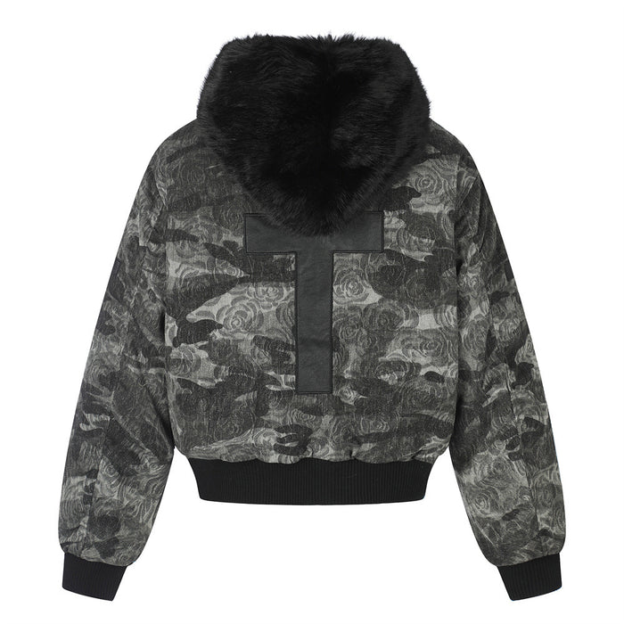 Back view of a cropped dark rose-patterned bomber jacket with black fur collar, cuffs and cross patch