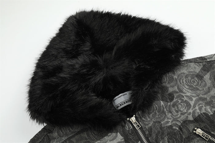 Close-up of the jacket's plush black faux fur collar and patterned outer fabric