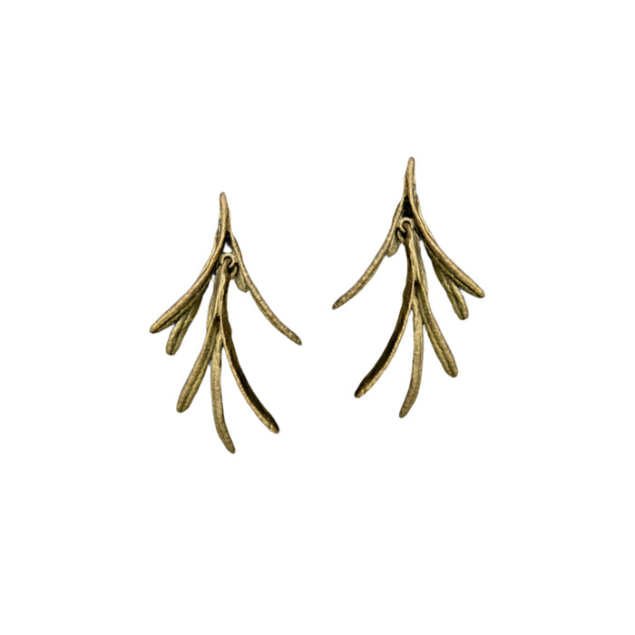 A pair of bronze rosemary leaf post earrings against a black background.