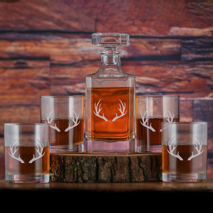 Rustic Antlers Whiskey Decanter & Glasses Gift (Set of 5)
