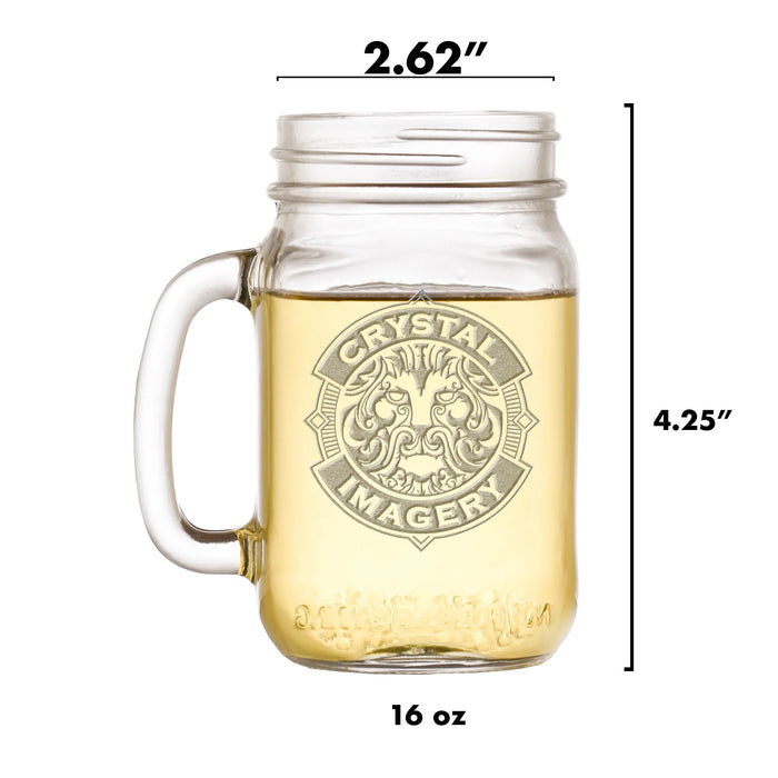 Mason jar mug with a handle, sand-carved with a sample Crystal Imagery crest marking where your custom logo or monogram would be engraved.