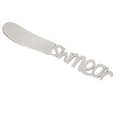 A silver Schmear Spreader knife by Inspired Generations, featuring the word “smear” cut out in the handle—perfect for adding cream cheese to your favorite bagel tray.