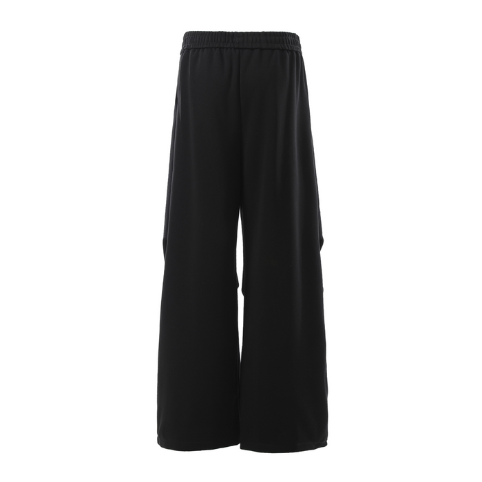 Black wide-leg sweatpants back view with smooth straight legs and elastic waistband
