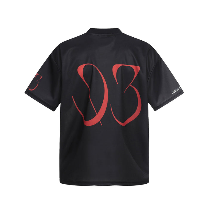 Black oversized mesh jersey with red abstract portrait graphic and short sleeves on a plain white background