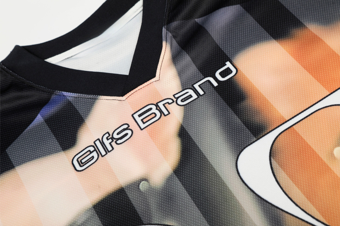 Close-up of an abstract portrait mesh jersey with black trim and Seakoff branding in oversized streetwear style