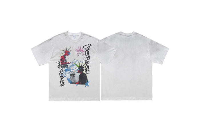 Omirad Anarchy Clash white graphic tee front and back, featuring punk spiked-head figures, graffiti typography, and paint-spl