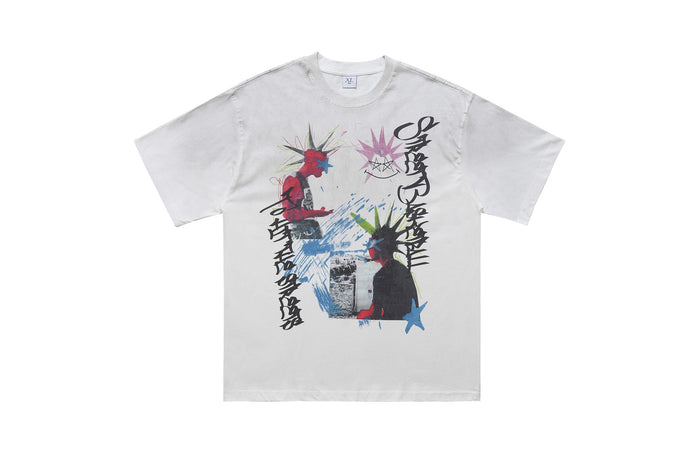 White graphic T-shirt with punk-style graffiti art, Japanese lettering, and colorful anarchy-inspired figures on the front