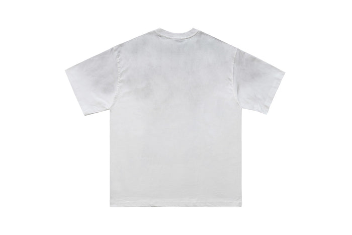 Back view of a white oversized graphic T-shirt with short sleeves and a relaxed streetwear fit