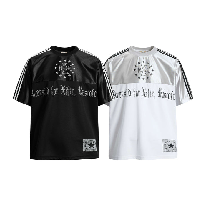 Omirad Aversio Mesh Sport Tee in black and white, showing gothic cross chest print, star patch, and stripe sleeves