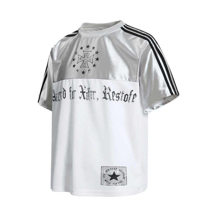 White and silver mesh sport tee with black shoulder stripes and gothic-style chest graphics