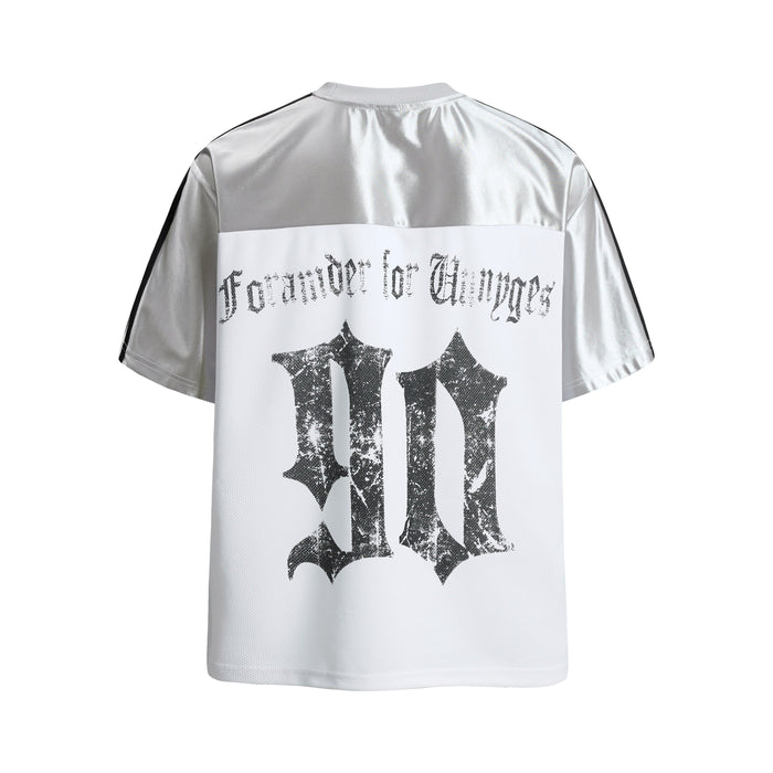 White and silver mesh sport tee with gothic back graphic and black shoulder stripes, shown from the rear