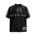 Black mesh sport tee with white shoulder stripes and gothic cross and star graphics on the chest