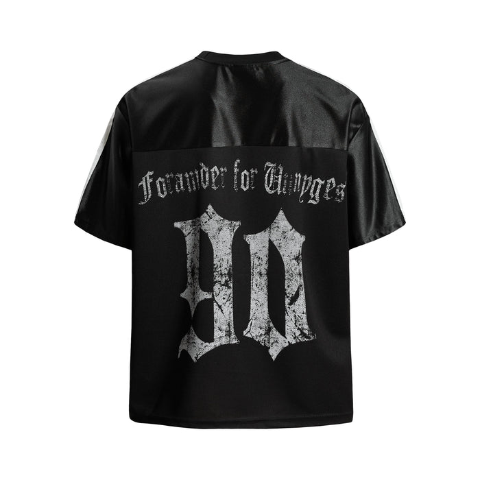 Black mesh streetwear jersey with gothic white back graphic and oversized distressed lettering