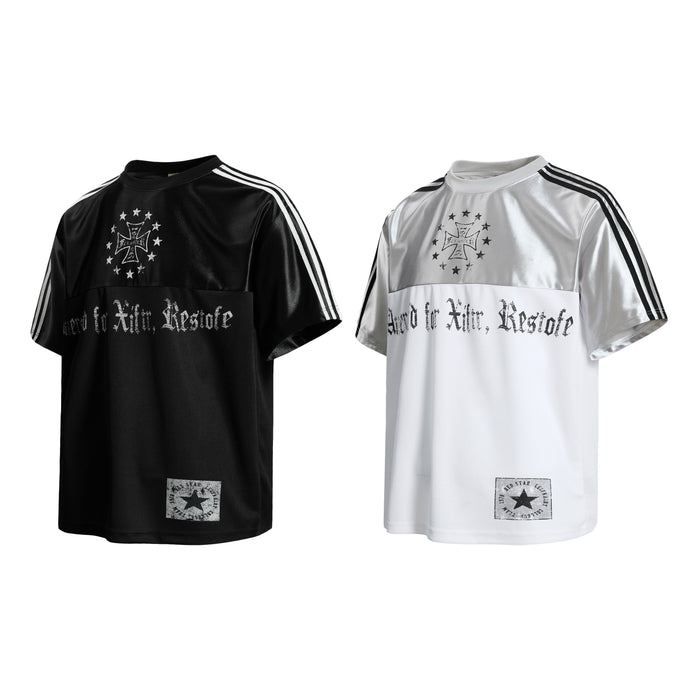 Black and white mesh sport tees with gothic cross graphics, stripes, and distressed streetwear lettering