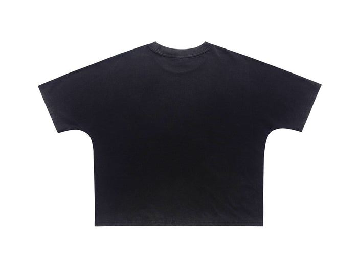 Black oversized graphic tee with a relaxed fit, shown from the back on a clean white background
