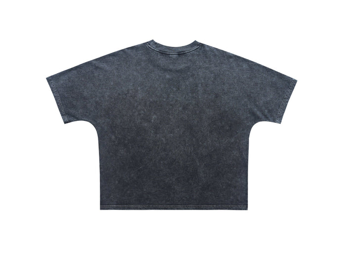 Dark washed oversized graphic tee with a boxy fit, short sleeves, and a faded gothic streetwear look