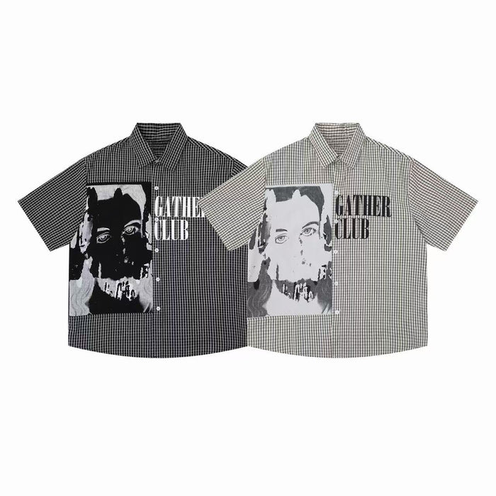 Two Omirad Gather Club graphic plaid shirts laid flat, dark charcoal and light grey colorways with bold portrait print