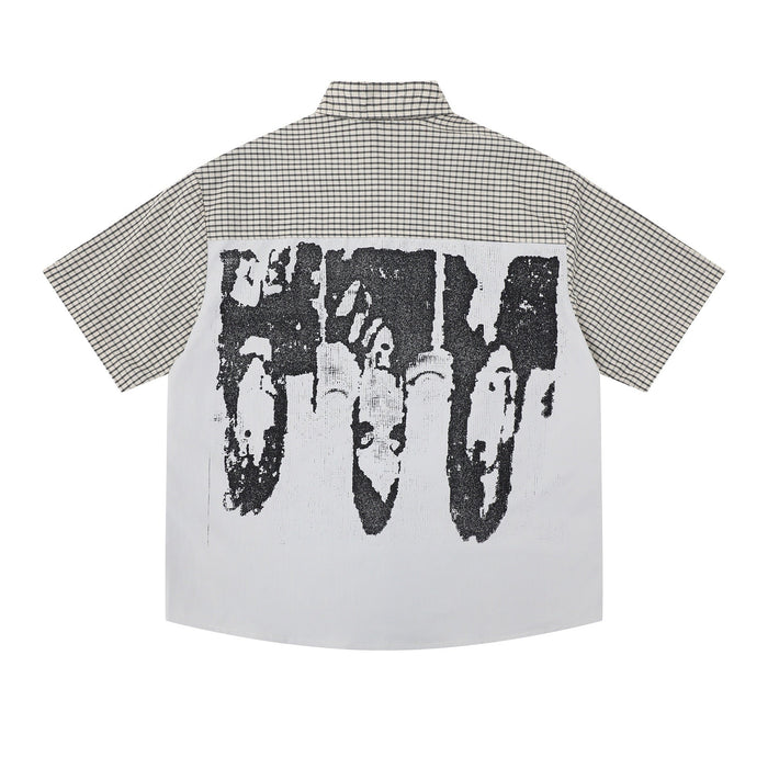 Beige plaid short-sleeve button-up shirt with oversized black graphic print on the back, streetwear style