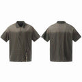 Omirad gradient-washed dark plaid short sleeve shirt with frayed edges and star graphic accent, front and back view