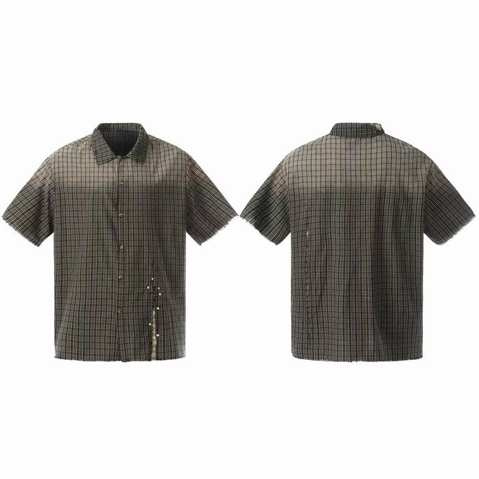 Omirad gradient-washed dark plaid short sleeve shirt with frayed edges and star graphic accent, front and back view