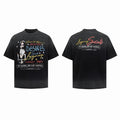 Black washed cotton graphic tee with saint portrait and multicolor Legacy Saints typography on front and back