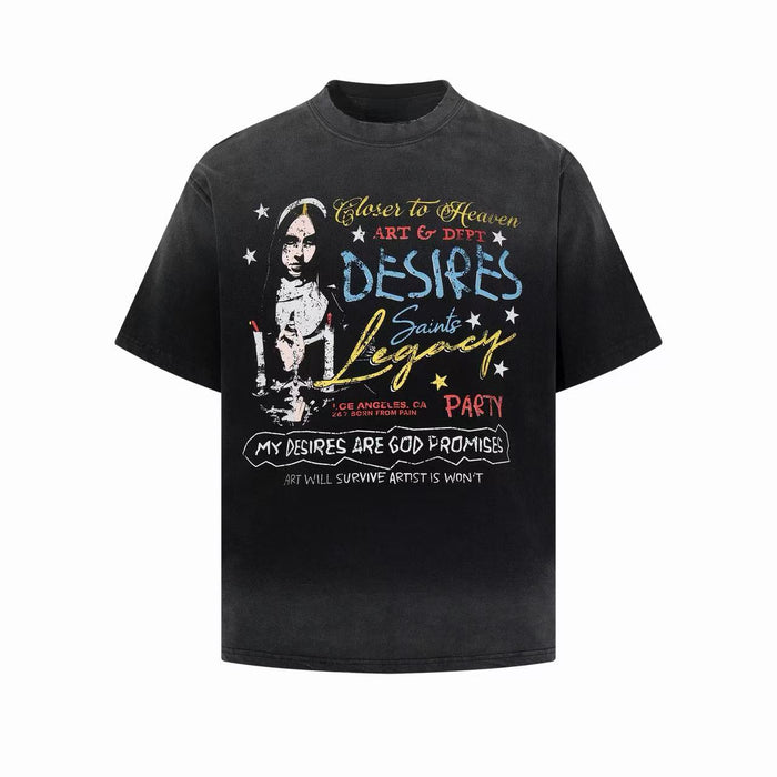Black washed graphic tee with colorful street art text and saint portrait print on the front