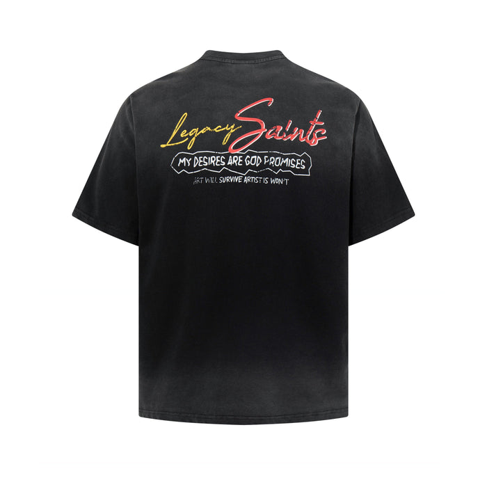 Black washed graphic tee with bold Legacy Saints street art print on the back, featuring red and yellow lettering