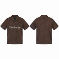 Front and back view of a brown leopard print polo shirt with cursive Blackenergy script and chest patch badge