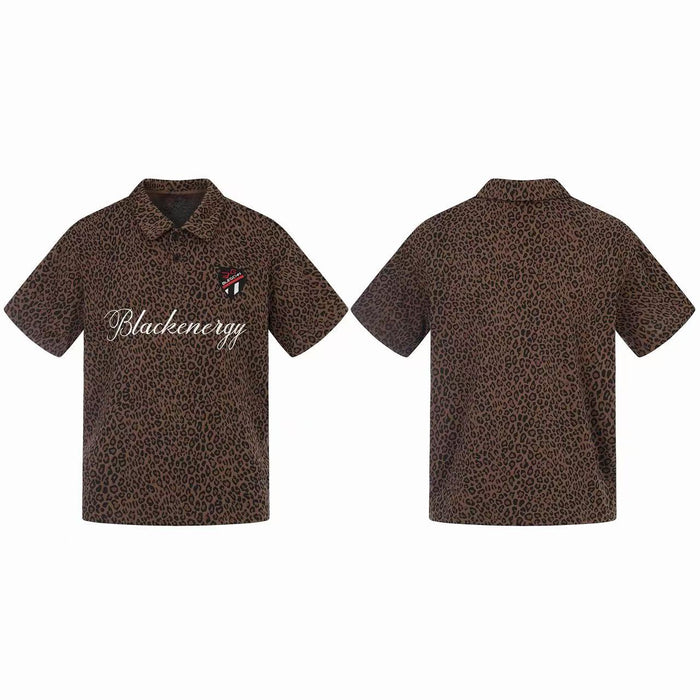 Front and back view of a brown leopard print polo shirt with cursive Blackenergy script and chest patch badge