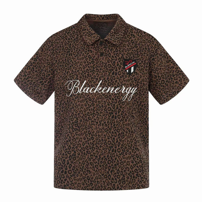 Brown leopard print polo tee with black collar, button placket, and white Blackenergy script on the chest